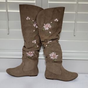 Tan Over the Knee Boots with Pink Floral Embroidery Alisha Just fabulous 9.5